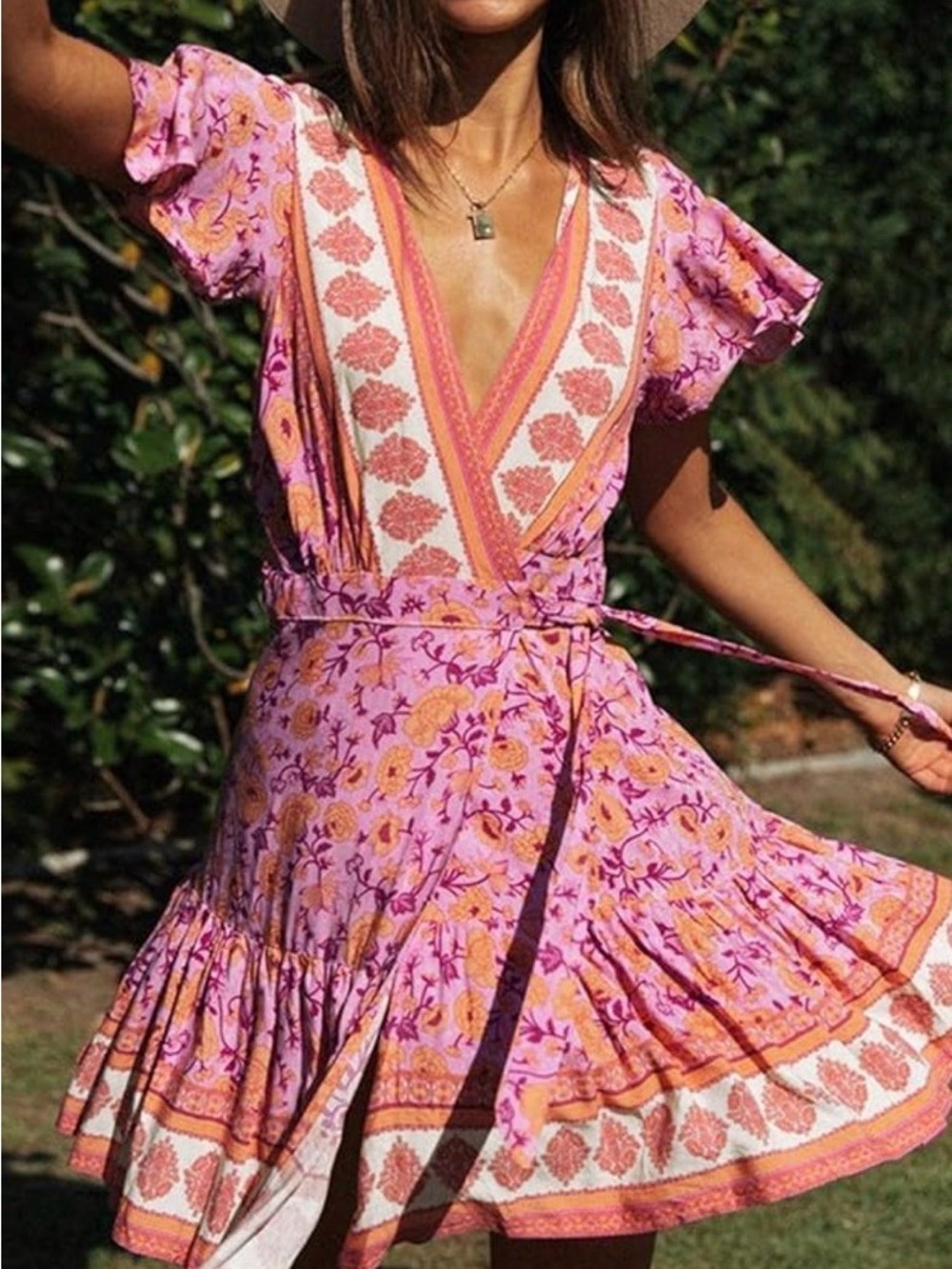 Floral Wrap Dress - Pink & Orange